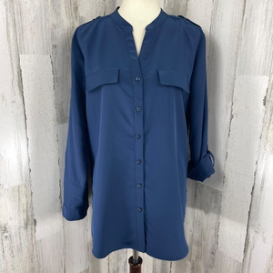 Elementz Women's Blue V Neck Long Sleeve Button‎ Up Shirt Top Blouse Sz L
